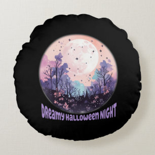 Dreamy Halloween Night – Pastel Purple Moon Round Pillow