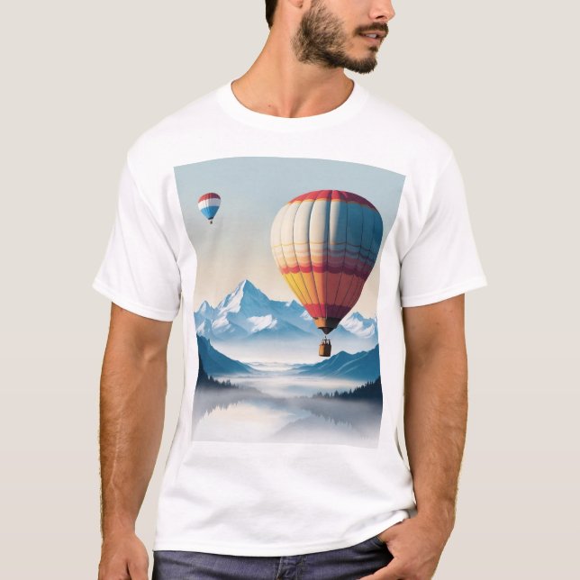 Dreamy Heights: Hot Air Balloon Over Mountains T-Shirt (Front)