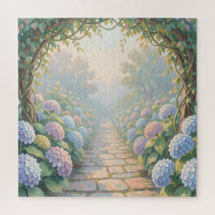 Dreamy Hydrangea Garden Arch Stone Path Cottage  Jigsaw Puzzle