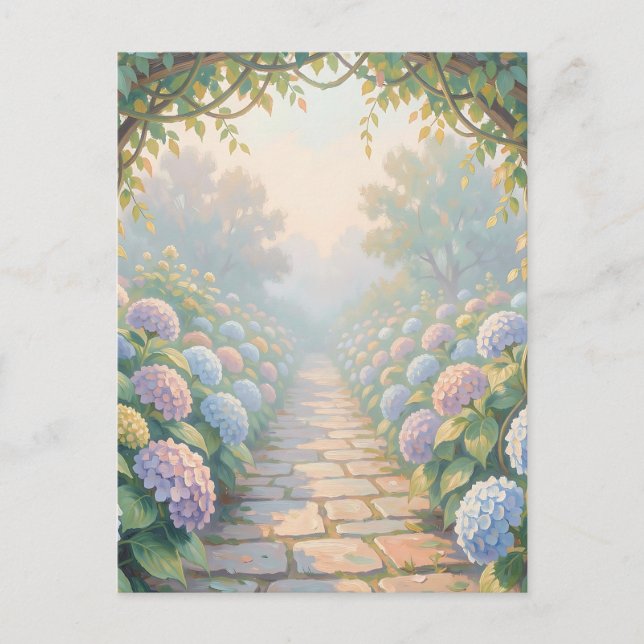 Dreamy Hydrangea Garden Arch Stone Path Cottage  Postcard (Front)