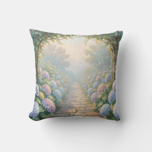 Dreamy Hydrangea Garden Arch Stone Path Cottage  Throw Pillow