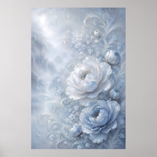 Dreamy Ice Blue Embossed Floral Garden Poster