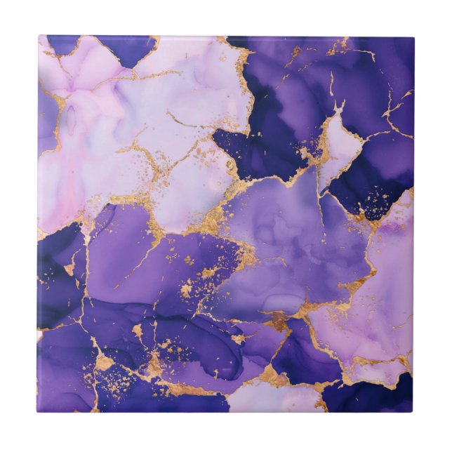 Dreamy Lavender alcohol inks and gold Tile (Front)