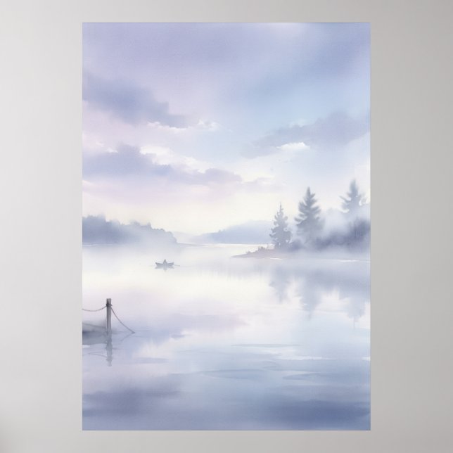 Dreamy Lavender Misty Lake Pine Trees Boat Dock Wa Poster (Front)