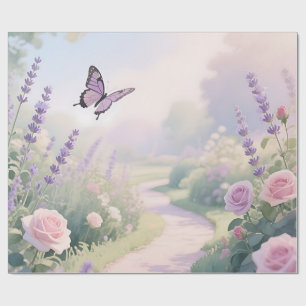 Dreamy Lavender Rose Garden Butterfly Path Wrapping Paper