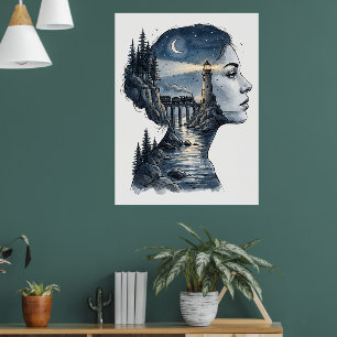 Dreamy Lighthouse in Woman's Mind – Surreal Night  Poster