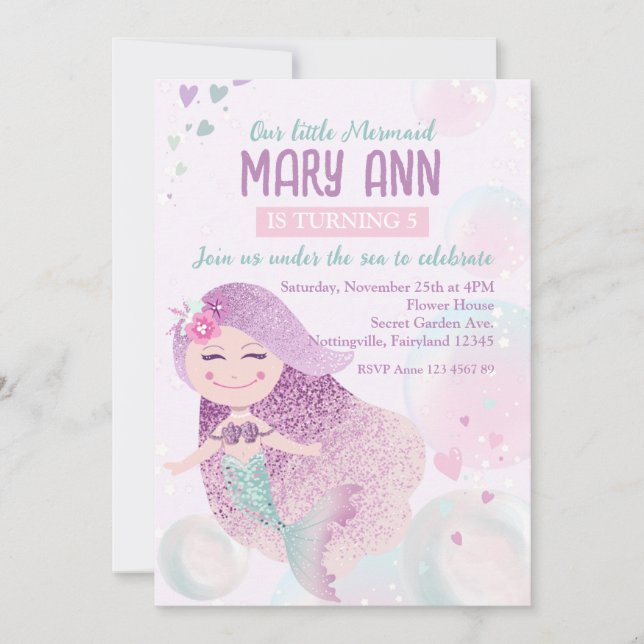 Dreamy Little Mermaid Princess Birthday Invitation (Front)
