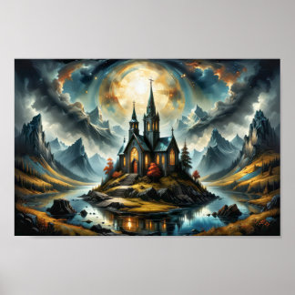 Dreamy little mountain church on a lake at sunset poster