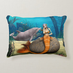 Dreamy Mermaid Dolphin Underwater Fantasy Art Accent Pillow
