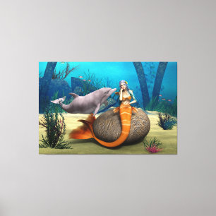 Dreamy Mermaid Dolphin Underwater Fantasy Art Canvas Print