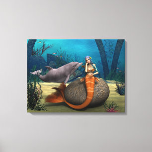 Dreamy Mermaid Dolphin Underwater Fantasy Art Canvas Print