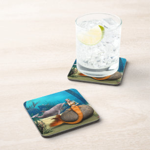 Dreamy Mermaid Dolphin Underwater Fantasy Art Coaster