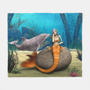 Dreamy Mermaid Dolphin Underwater Fantasy Art Fleece Blanket