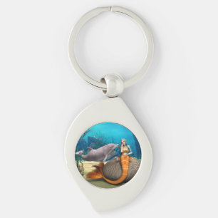 Dreamy Mermaid Dolphin Underwater Fantasy Art Keychain