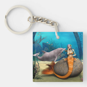 Dreamy Mermaid Dolphin Underwater Fantasy Art Keychain