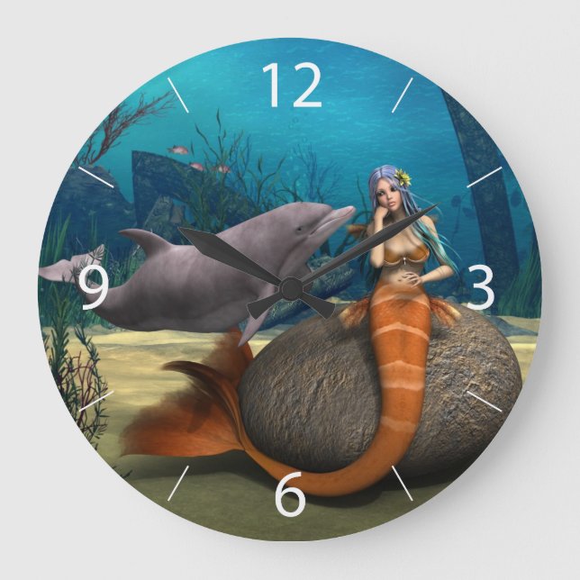 Dreamy Mermaid Dolphin Underwater Fantasy Art Large Clock (Front)