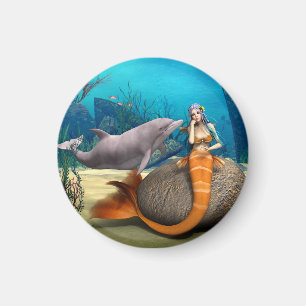 Dreamy Mermaid Dolphin Underwater Fantasy Art Magnet