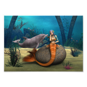 Dreamy Mermaid Dolphin Underwater Fantasy Art Photo Print