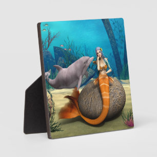 Dreamy Mermaid Dolphin Underwater Fantasy Art Plaque