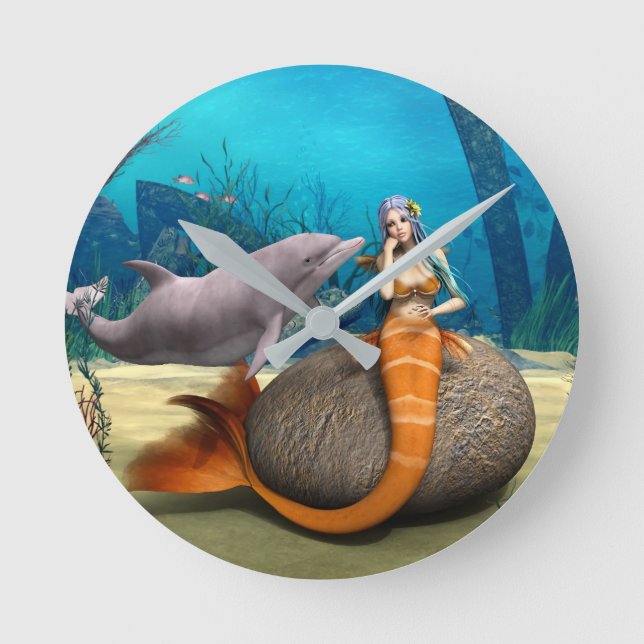 Dreamy Mermaid Dolphin Underwater Fantasy Art Round Clock (Front)