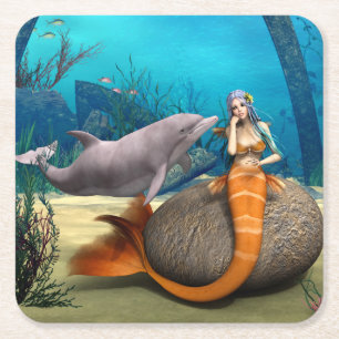 Dreamy Mermaid Dolphin Underwater Fantasy Art Square Paper Coaster