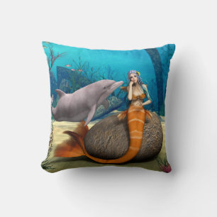 Dreamy Mermaid Dolphin Underwater Fantasy Art Throw Pillow