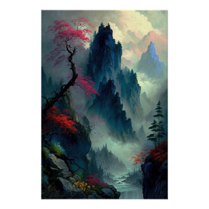 Dreamy Misty Mountain Landscape Poster brillant