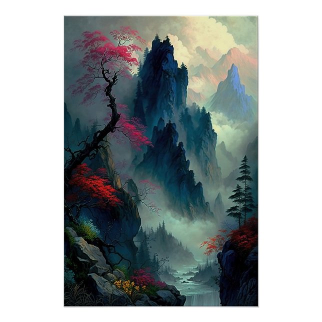 Dreamy Misty Mountain Landscape Poster brillant (Devant)