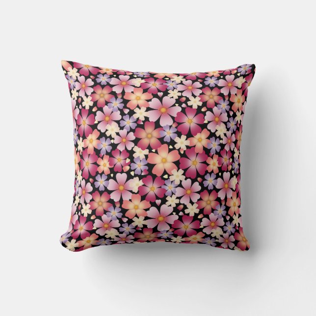 Dreamy Mixed Blossoms (Black) Floral Throw Pillow (Front)