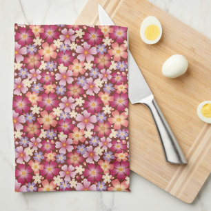 Dreamy Mixed Blossoms on Brown Kitchen Towel