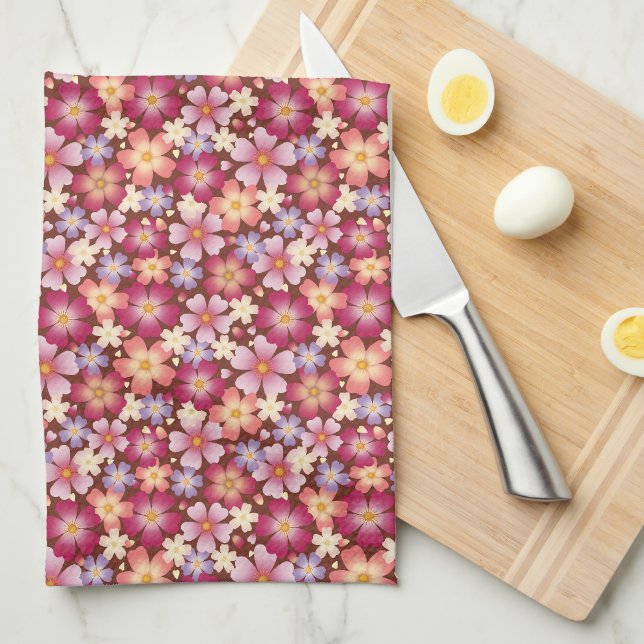 Dreamy Mixed Blossoms on Brown Kitchen Towel (Quarter Fold)