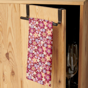 Dreamy Mixed Blossoms on Red Kitchen Towel