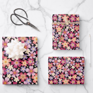 Dreamy Mixed Flowers on Black Wrapping Paper Sheet