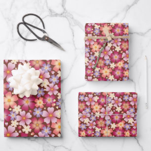 Dreamy Mixed Flowers on Brown Wrapping Paper Sheet