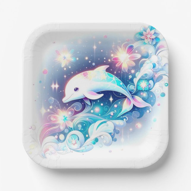 Dreamy Modern Dolphin Baby Shower Paper Plate (Front)