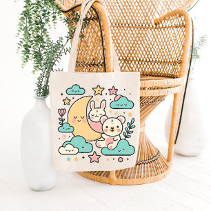 Dreamy Moon Bunny and Bear Tote Bag