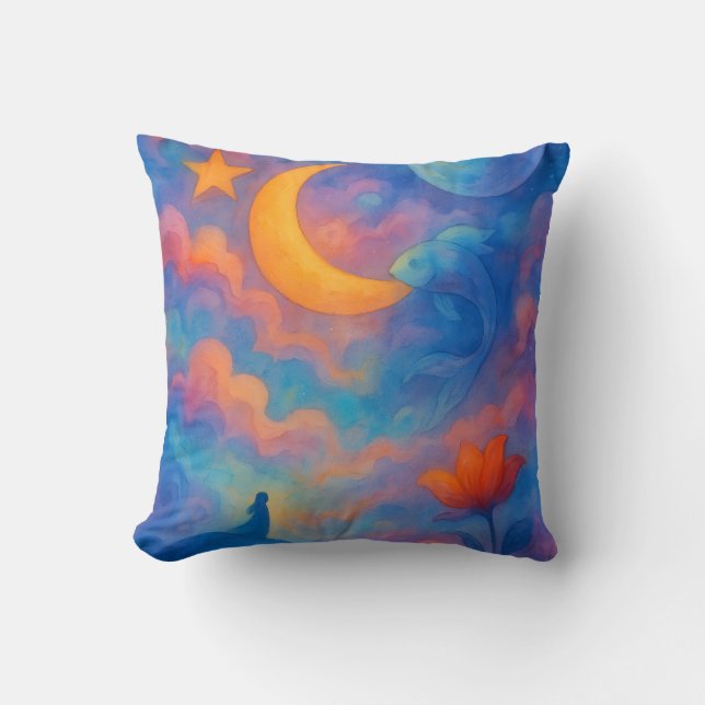Dreamy Moon & Star Fantasy Watercolor Art Throw Pillow (Front)