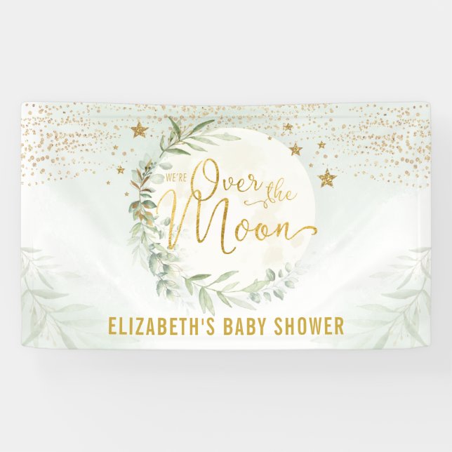 Dreamy Moon Star Greenery Gold Baby Shower Welcome Banner (Horizontal)