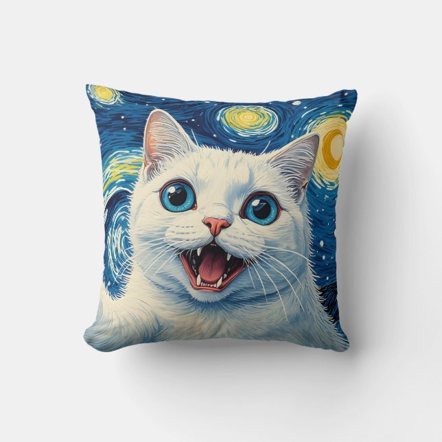 Dreamy Moonlight Starry Night White Cat Pillow (Front)