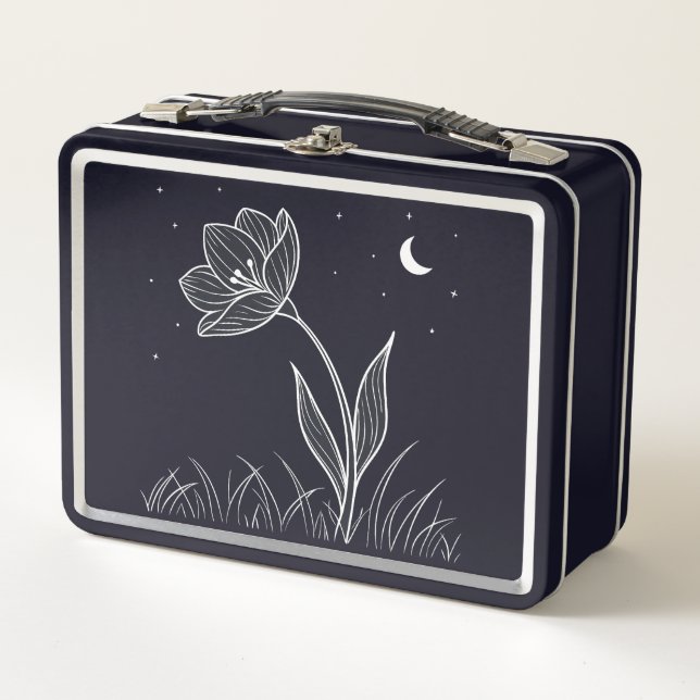 Dreamy Moonlit Flower Line Art with Stars Metal Lunch Box (Front)