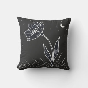 Dreamy Moonlit Flower Line Art with Stars Throw Pillow