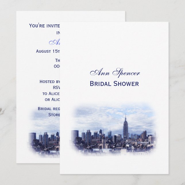 Dreamy Navy Blue NYC Skyline Bridal Shower V Invitation (Front/Back)