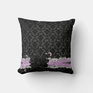 Dreamy Night Black Flower Damask Pillow