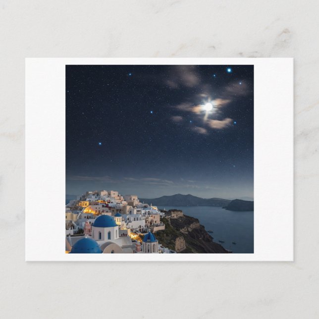 dreamy night sky over Santorini, Greece, with glow Postcard (Front)