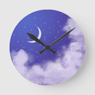 Dreamy Night Sky with Crescent Moon Round Clock