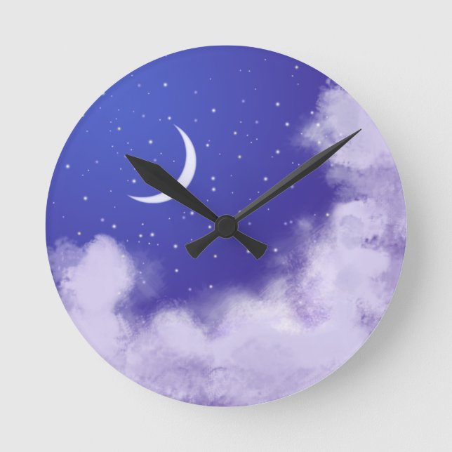 Dreamy Night Sky with Crescent Moon Round Clock (Front)