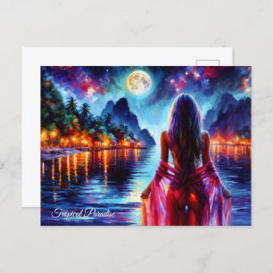 Dreamy ocean beach girl with moon and lights postcard