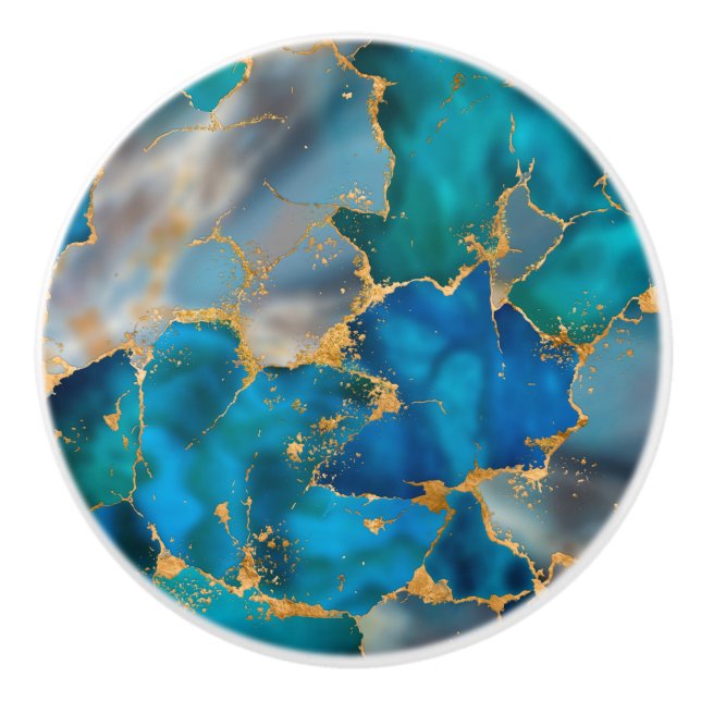 Dreamy Ocean Blue and Gold Ceramic Knob (Front)