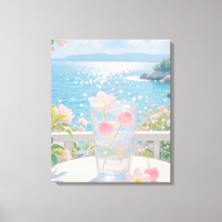 Dreamy Ocean View with Pink Flowers Summer Art  Canvas Print