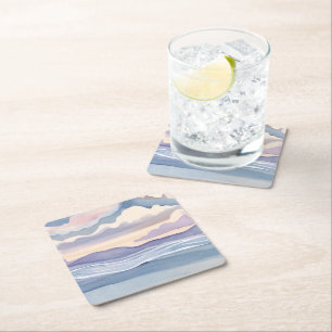 Dreamy Ocean Waves Watercolor Square Paper Coaster